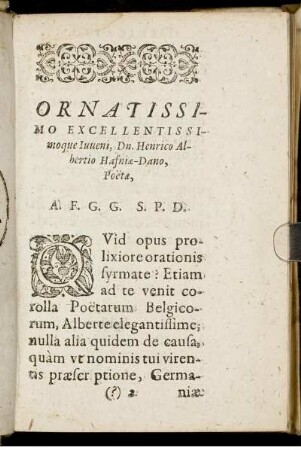 Ornatissimo Excellentissimoque Iuveni, Dn. Henrico Albertio Hafniæ-Dano, Poetæ