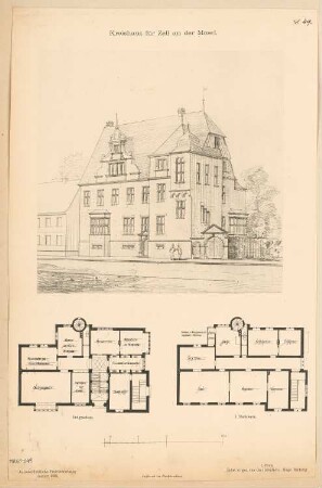 Landratsamt (Kreishaus), Zell/Mosel Monatskonkurrenz Januar 1888: Grundriss Erdgeschoss, 1. Obergeschoss; perspektivische Ansicht; Maßstabsleiste