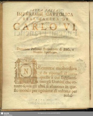 Zuschrifft an Ihro kayserliche und Catholische Majestät Carl den sechsten