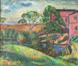 Landschaft mit rosa Haus
