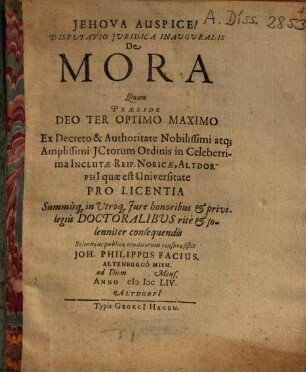Dispvtatio Jvridica Inavgvralis De Mora