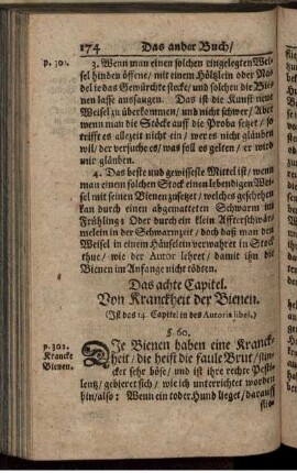 Das achte Capitel. Von Kranckheit der Bienen. (Ist das 14. Capitel in des Autoris libel.)
