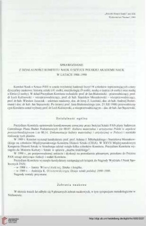 Sprawozdanie z działalności Komitetu Nauk o Sztuce Polskiej Akademii Nauk w latach 1988-1990