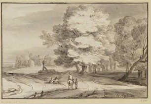 Landschaft mit großen Bäumen, vorn ein Reiter und ein Fußgänger