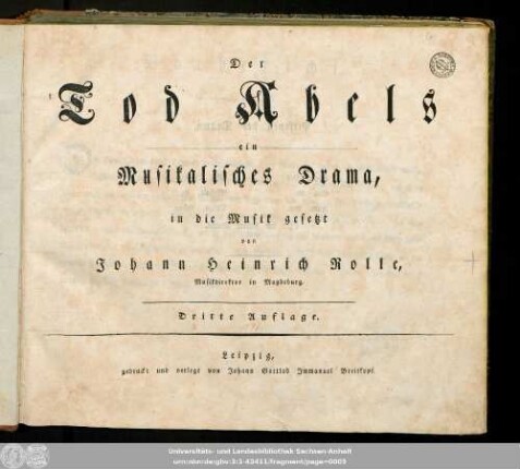 Der Tod Abels : ein Musikalisches Drama