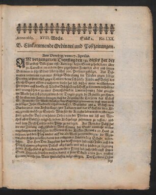 Anno 1665. XVIII. Woche. Stück 2. No. LXX.