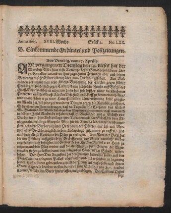 Anno 1665. XVIII. Woche. Stück 2. No. LXX.
