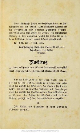 Nachtrag zu dem allgemeinen Statut der Großherezoglich und Herzoglichen Gesammt-Universität Jena