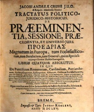 Tractatus politico-juridico-historicus de praeeminentia, sessione
