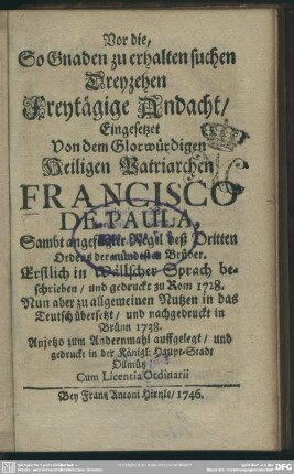 Vor die, So Gnaden zu erhalten suchen Dreyzehen Freytägige Andacht