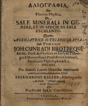 Aliographia, Seu Theoria Physica De Sale Minerali In Genere, Et In Specie De Sale Esculento