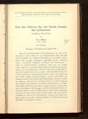 Über den feineren Bau der Chorda dorsalis der Cyclostomen : (vorläufige Mittheilung) ; (vorgelegt in der Sitzung am 10. Jänner 1895)