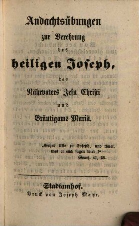 Andachtsübungen zur Verehrung des heiligen Joseph, des Nährvaters Jesu Christi und Bräutigams Mariä