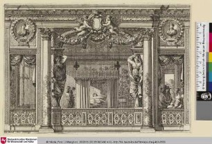 [Alkoven mit zwei Beuschern am Bett einer Liegenden; Un couple rend visite à une dame couchée dans son lit]