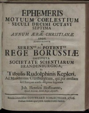 7: Ephemeris motuum coelestium seculi decimi octavi Septima ad annum aerae christianiae 1707.