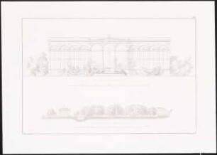 Fürstlicher Park, Sondershausen: Vorderansicht Musikhalle, Schnitt des Lohplatzes (aus: Architektonisches Album, Bd. 1, H.6, hrsg.v. Stüler, Knoblauch, Salzenberg, Strack, Runge, 1840)