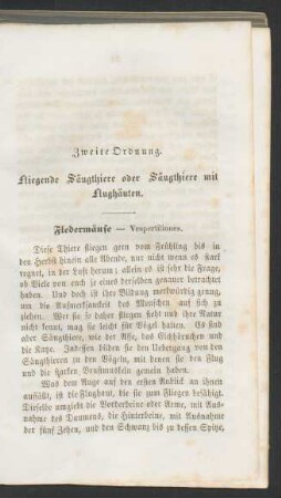 Zweite Ordnung. Fliegende Säugthiere oder Säugthiere mit Flughäuten.