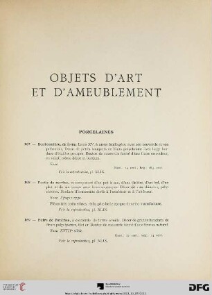 Objets d’art et d’ameublement (Nr. 167-187) avec planches XLIX-LIV