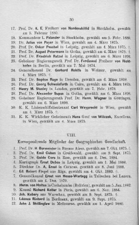 VIII. Korrespondirende Mitglieder der Geographischen Gesellschaft.