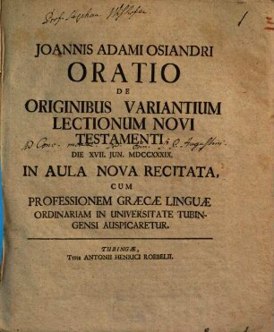 Oratio de originibus variantium lectionum Novi Testamenti
