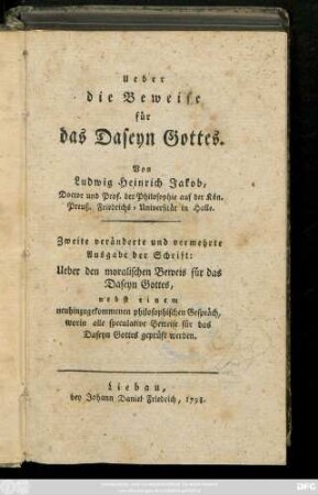 Ueber die Beweise für das Daseyn Gottes