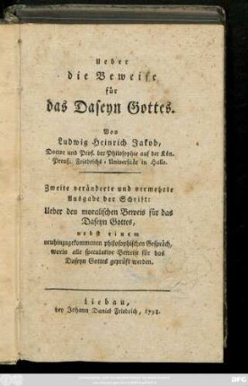 Ueber die Beweise für das Daseyn Gottes