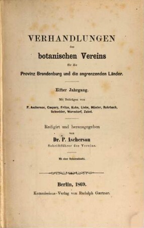 Verhandlungen des Botanischen Vereins für die Provinz Brandenburg und die Angrenzenden Länder. 11. 1869