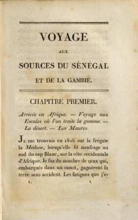 Voyage Dans L'Intérieur De L'Afrique : Aux Sources Du Sénégal Et De La Gambie. Fait En 1818 Par Ordre Du Gouvernement Français. Tome Premier
