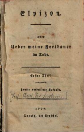 Elpizon oder Über meine Fortdauer im Tode, 1