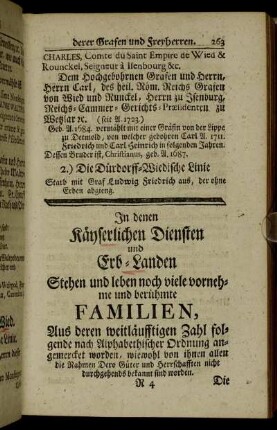 [V.] In denen Käyserlichen Diensten und Erb-Landen Stehen und leben noch viele vornehme und berühmte Familien.