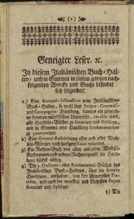 In diesem Italiänischen Buch-Halten/ und in Summa in diesem gantzen nachfolgenden Wercke und Buche befindet sich folgendes:[...]
