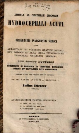 Symbola ad penitiorem diagnosim hydrocephali acuti : (Diss. inaug.)