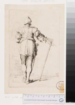 Soldat, stehend, Rückansicht, mit Waffenstock