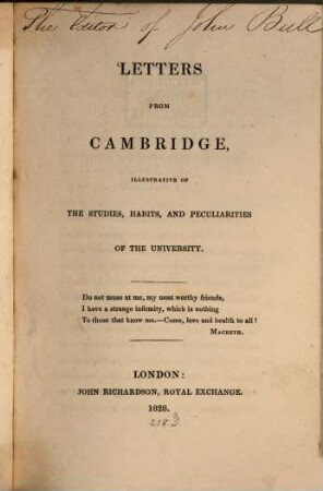 Letters from Cambridge : illustrative of the studies, habits and peculiarities of the university