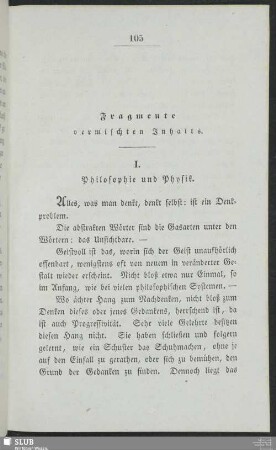 Fragmente vermischten Inhalts. I. Philosophie und Physik