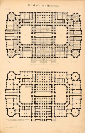 Rathaus, Hamburg: Grundrisse KG, EG (aus: Entwürfe von Bohnstedt, Heft I-VIII, 1875-1877)