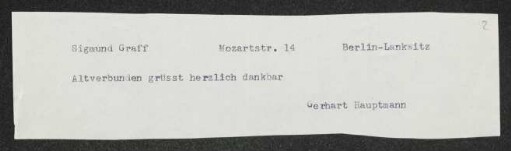 Brief von Gerhart Hauptmann an Sigmund Graff