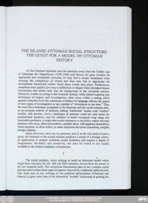 The Islamic-Ottoman Social Structure: The Quest For A Model Of Ottoman History