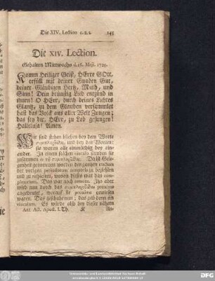Die XIV. Lection. Gehalten Mittwochs d. 16. Maji. 1725.
