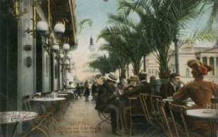 Leipzig: Terrasse von Café Felsche mit Blick aufs neue Theater