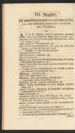 III. Register, der angeführten und recensirten Auctorum und Schriften, wovon die recensirten mit * bezeichnet
