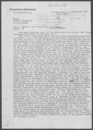 Tettnang mit Nebenorten: Visitationsbericht mit Pfarrbericht 1960