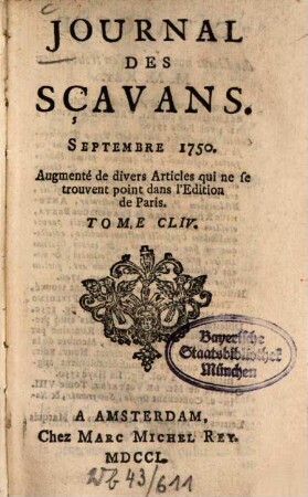 Journal des sçavans. 1750, [5]. Sept. - Oct. = T. 154