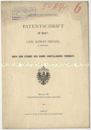 Patentschrift über ein nach dem Stand der Sonne einstellbares Frühbeet, Patent-Nr. 2857
