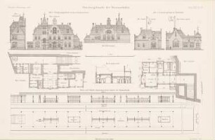 Stationsgebäude der Wannseebahn, Berlin: Ansichten, Grundriss, Schnitte (aus: Atlas zur Zeitschrift für Bauwesen, hrsg. v. Ministerium der öffentlichen Arbeiten, Jg. 43, 1893)