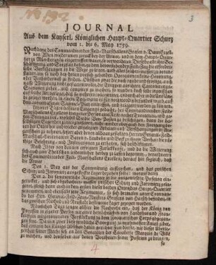 Journal Aus dem Kayserl. Königlichen Haupt-Quartier Schurz vom 1. bis 6. May 1759