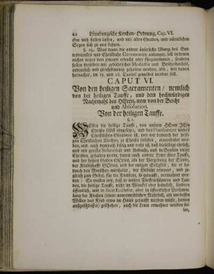 Caput VI. Von den heiligen Sacramenten, nemlich von der heiligen Tauffe, und dem hochwürdigen Nachtmahl [...].