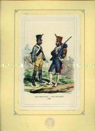 Uniformdarstellung, Gemeine des Artillerie-Train und der Artillerie zu Fuß, Frankreich, 1809. Tafel 25 aus: Bellangé: Die Soldaten der französischen Republik und des Kaiserreichs.