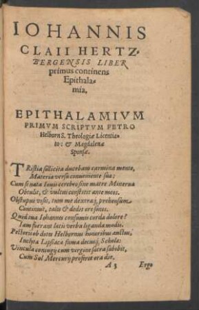 Iohannis Claii Hertzbergensis Liber primus continens Epithalamia.