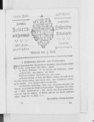 14tes Stück, Ausgabe vom 3. April 1776